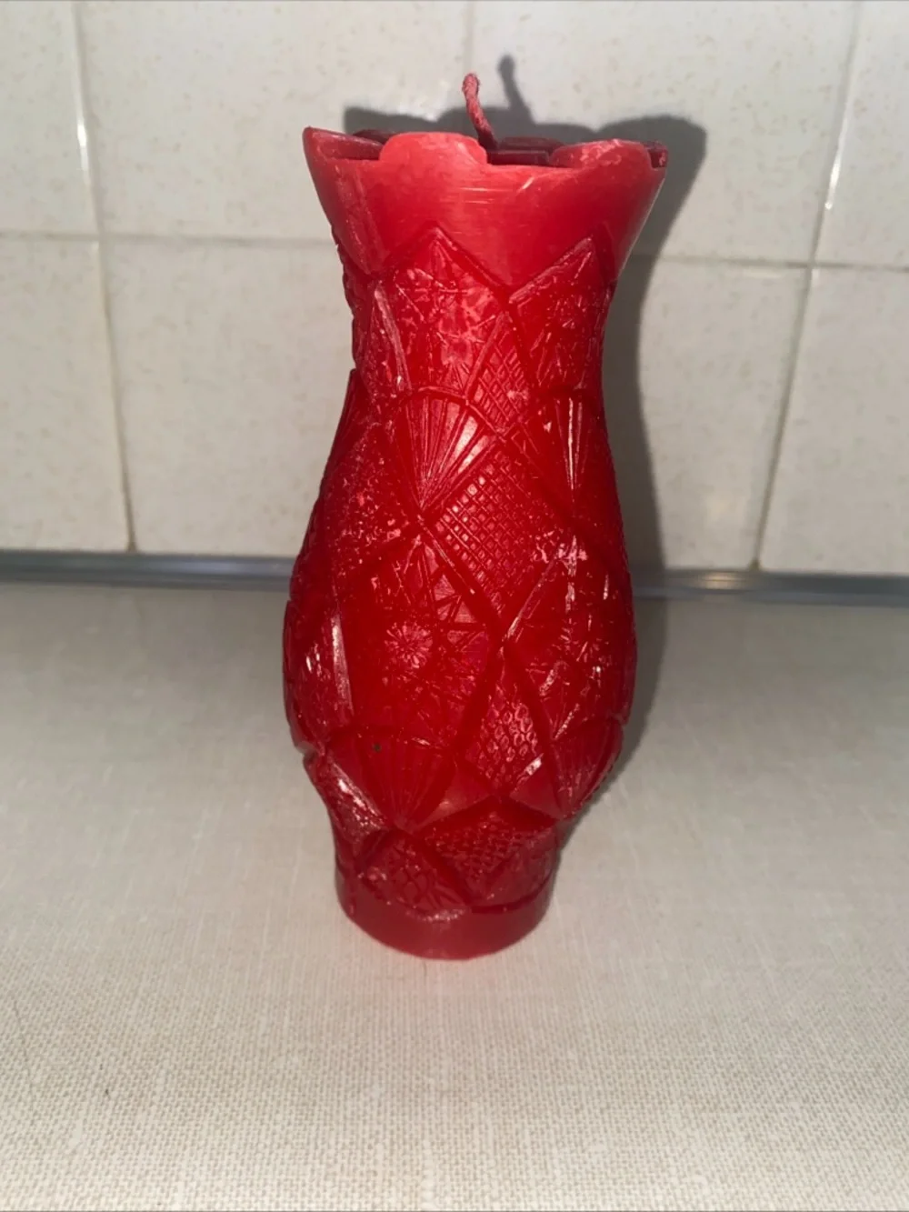 Vintage UNLIT Wax Candle Vase Shaped Red‎ Textured Patterned